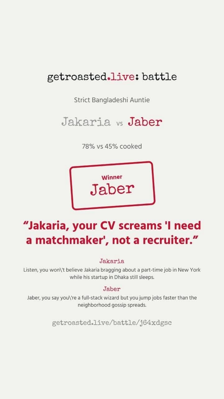 A getroasted.live Roast Battle card: Strict Bangladeshi Auntie persona, Jakaria vs Jaber, 78% vs 45% cooked, Jaber declared the winner.