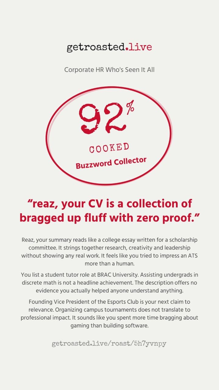 A getroasted.live share card: Corporate HR persona, 92% cooked, "Buzzword Collector," roasting a CV for reading like a college essay written for an ATS.